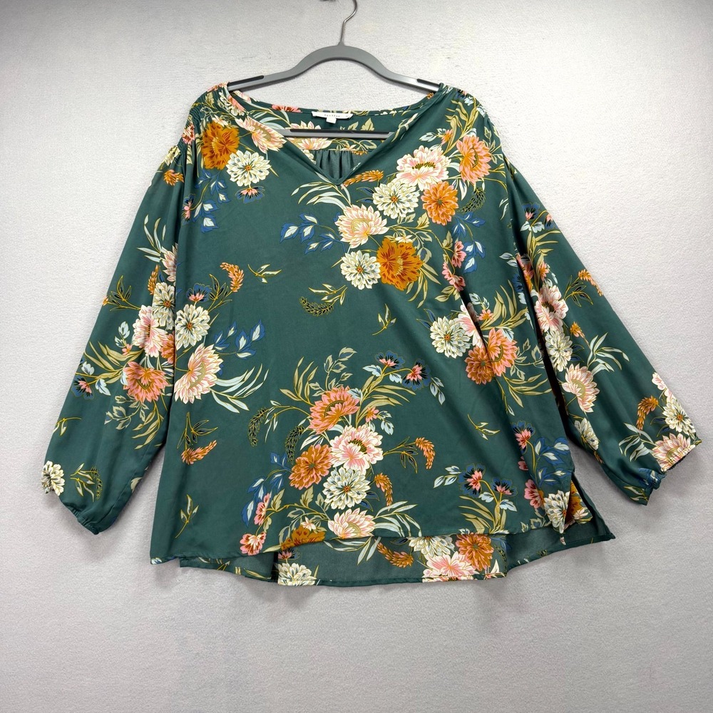 Fun2Fun Tunic Blouse Top Women 3X Teal Floral Print Summer Balloon Sleeve V-Neck